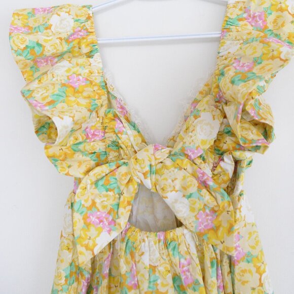 For Love & Lemons Yellow Tamra Dress with Florals & Ruffle Mini Dress M - Picture 10 of 13